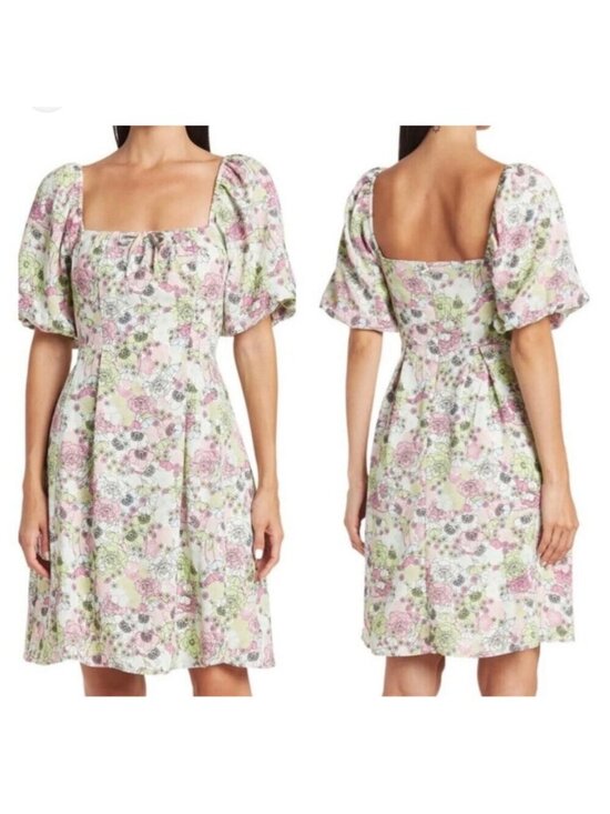 BCBGeneration Dresses & Skirts - BCBGeneration Pastel Floral Milkmaid Cottagecore Dress Puff Sleeve Size 12